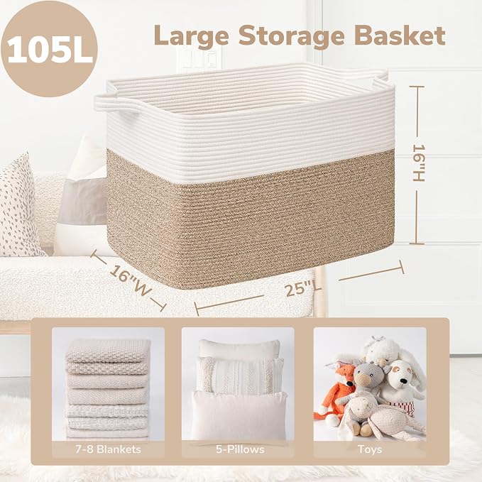 Goodpick 105L Extra Large Cotton Rope Blanket Basket, White & Light Brown | 25 x 16 x 16 in, Reinforced Handles, Living Room, Bedroom & Nursery Organization, Blankets, Toys, Clothes & Pillows Storage