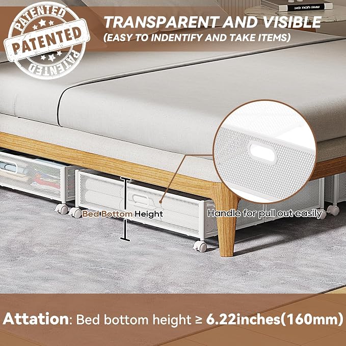 PHINOX Under Bed Storage with Wheels & Handle,Metal,Large,4 Pack,White | Tool-free assembly,glide smoothly,easy reach,foldable,maxmazie low-profile beds,dorm,keep seasonal clothes,shoes,sockes fresh