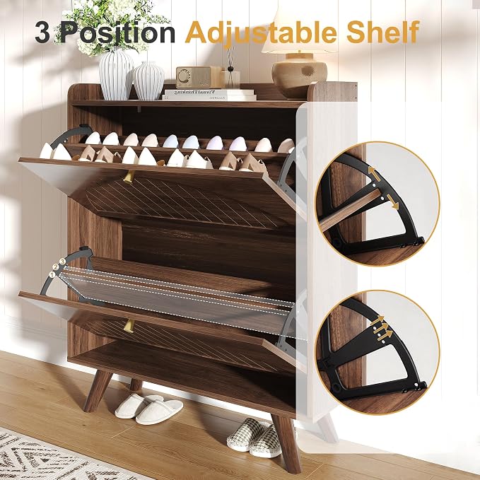 Decofy 37.6” Shoe Cabinet with 2 flip-Down Drawers, 3 Adjustable Levels, Suitable for Entryway, Hallway, Living Room (Walnut) | 31.5''W; 2 Flip-Down Shoe Storage Drawers; 3 Adjustable Shelves; Narrow Entryway Design; For Hallway & Living Room