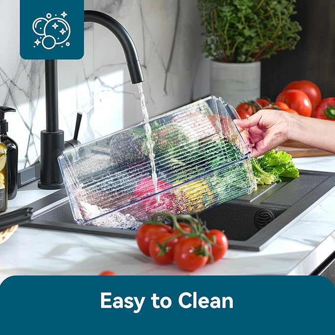 4 Piece Refrigerator Organizer Bins, Clear Fridge Organizers with Lids | Clear Fridge Storage, Food Storage Containers Clear and Stackable for Fruit, Vegetable, Drinks, Cereals
