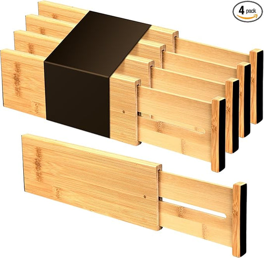 Utoplike Bamboo Drawer Organizer, 4" H Dresser Drawers Dividers for Clothes | Adjustable Drawers Organizers for Clothing, Silverware, in Kitchen, Bathroom, Bedroom Drawer, Fit 14"-16" Drawers