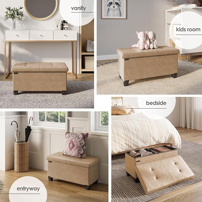 Storage Ottoman Bench with Bins, 30-in Storage Bench for Bedroom End of Bed, Folding Foot Rest Ottoman for Living Room Max 660lbs, Leather Ottomans, Taupe