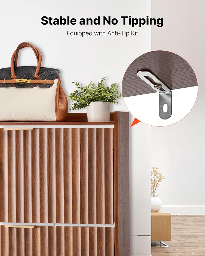 VEVOR Shoe Cabinet with 2 Flip Drawers, Mid-Century Shoes Storage Cabinet with Anti-Tipping Device, Freestanding Fluted Shoe Organizer, Ideal for Entrance, Hallway, Bedroom, Living Room, Walnut