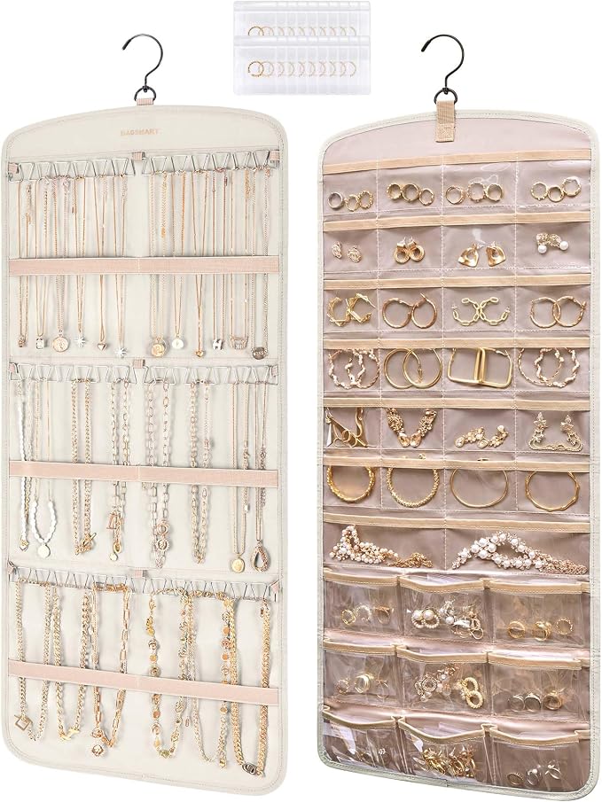 BAGSMART Hanging Jewelry Organizer, Necklace Holder Anti-tangle with 20 Jewelry Storage,1 Piece, Large Beige