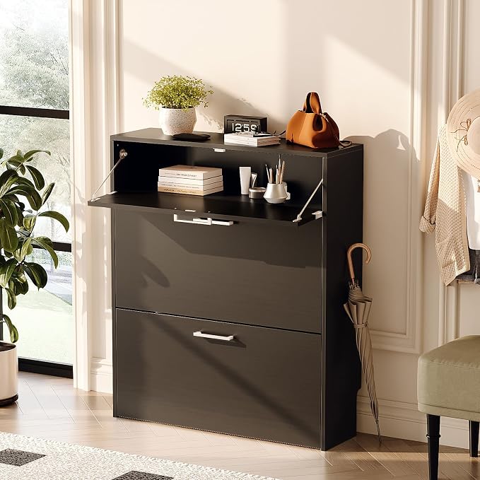 VINGLI Black Shoe Cabinet for Entryway, Modern Slim Shoe Rack Storage with 3 Flip Drawers, Narrow Free Standing Sneaker Organizer for Hallway, 9.5" Depth, Matte Black Finish