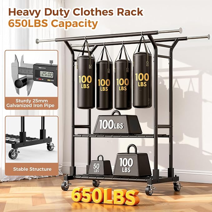 Luxspire Double Rod Clothing Racks for Hanging Clothes Load 650 LBS, Black | Zinc-iron alloy frame, 2-tier sturdy shelves, lockable silent wheels, adjustable extendable rods for bedroom & laundry room