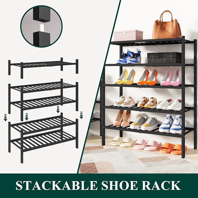 Smiry Bamboo Shoe Rack, 14 Vertical Slats, 5 Tier - 17.3" Wide, Black | Stackable Free Standing Wooden Shoe Organizer, Wood Shoe Storage Shelf for Closet, Entryway, Thicher Leg