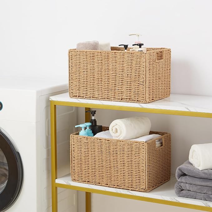 Vagusicc Wicker Storage Basket, Set of 2 Hand-Woven Paper Rope Wicker Basket, Small Storage Baskets for Organizing Toilet Paper Basket, Foldable Large Cube Storage Organizer Bins for Shelves (Natural)