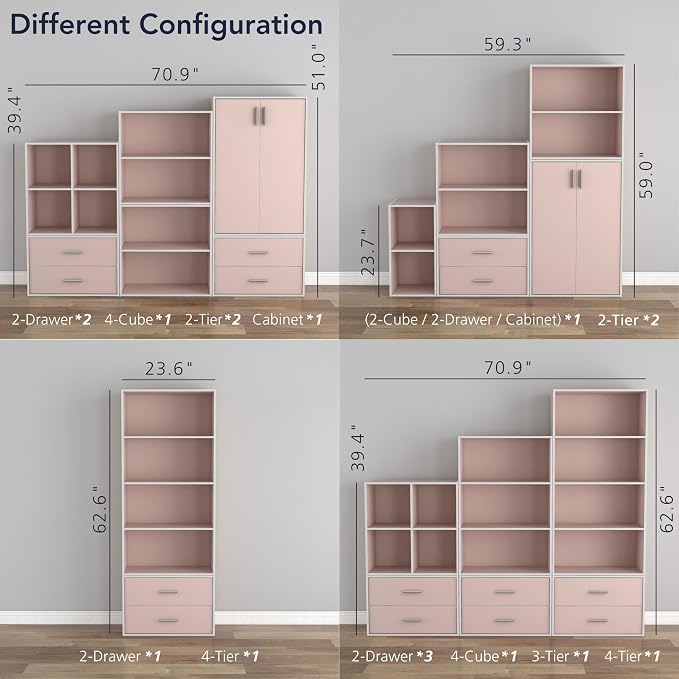 Homes: Inside + Out Apexa 3-Tier Cube Storage Organizer Shelves, Stackable Wood Bookcase Fits Cubby Bins for Organization, Dorm Teen Room Decor & Home Office, Light Pink