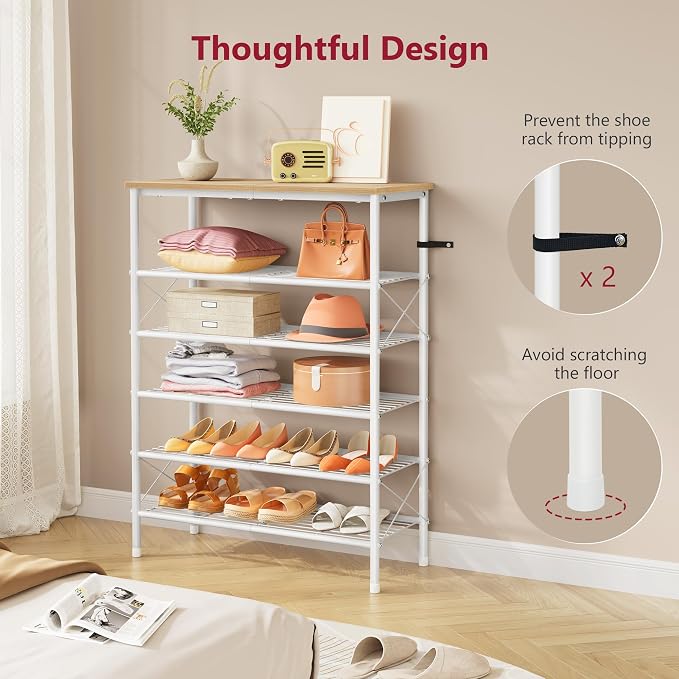 6 Tier Shoe Rack for 20-24 Pairs of Shoes, White Log | Sturdy & Durable, X Shape Fixed Frame, Metal Mesh Shoe Shelf, Industrial, For Closet, For Entryway Shoe Storage