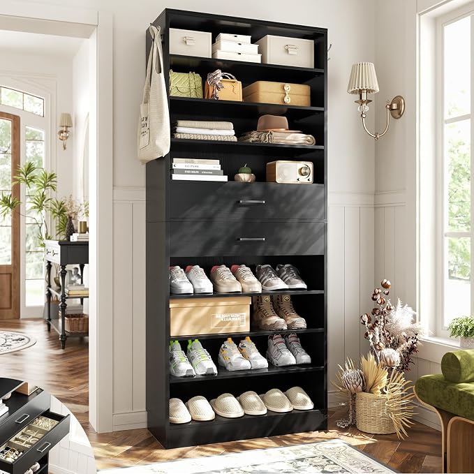 Aheaplus Tall Shoe Cabinet, 10 Tiers Wood Shoe Rack, Vertical Shoe Storage Organizer with 2 Drawers, Narrow Shoe Shelf Tower for 24-28 Pairs, Space Saving, for Closet, Entryway, Bedroom, Black