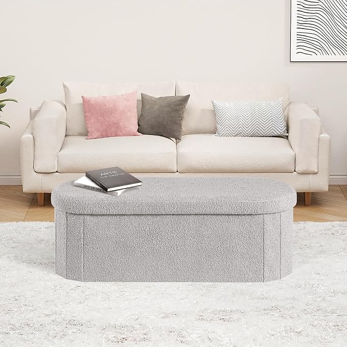 PINPLUS Storage Ottoman Bench Tufted Folding Ottomans Bench Foot Rest, Chest Box Velvet Bench with Storage, 43"x15"x15" (Grey)