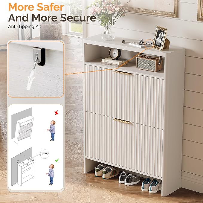 VINGLI White Slim Shoe Cabinet with Curved Edges, Modern Hidden Shoe Storage Organizer with 2 Flip Drawers & Open Shelf, Narrow White Shoe Cupboard with Fluted Panel & Anti-Tip Kit, 32.7" W