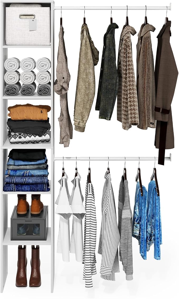 Furinno FANO Closet Organizers and Storage, 5-Tier Closet Storage Organizer with 2 Hanging Bars, Wardrobe Closet Shelf Towers, Adjustable Shelves, for Wardrobe, Bedroom, Living Room, White