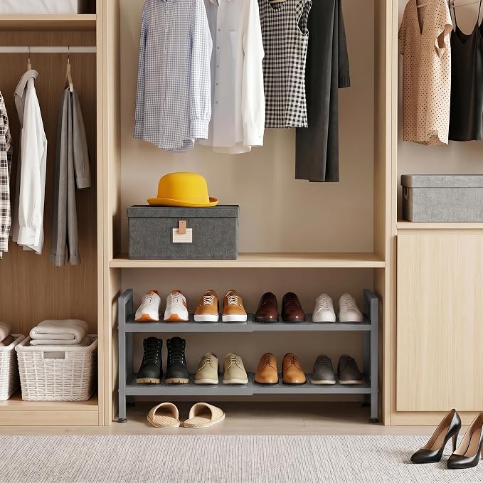 Shoe Rack, Expandable Shoe Rack for Closet, Adjustable Shoe Organizer for Entryway, Shoe Storage Organizer for Door Entrance, Garage, Bedroom (Grey, 2-Tier)