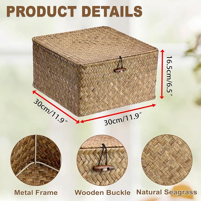 Hipiwe Handwoven Storage Box with Lid Seagrass Wicker Shelf Basket Bin Household Organizer for Bookshelf Living Room Bath Room, Coffee, X-Large