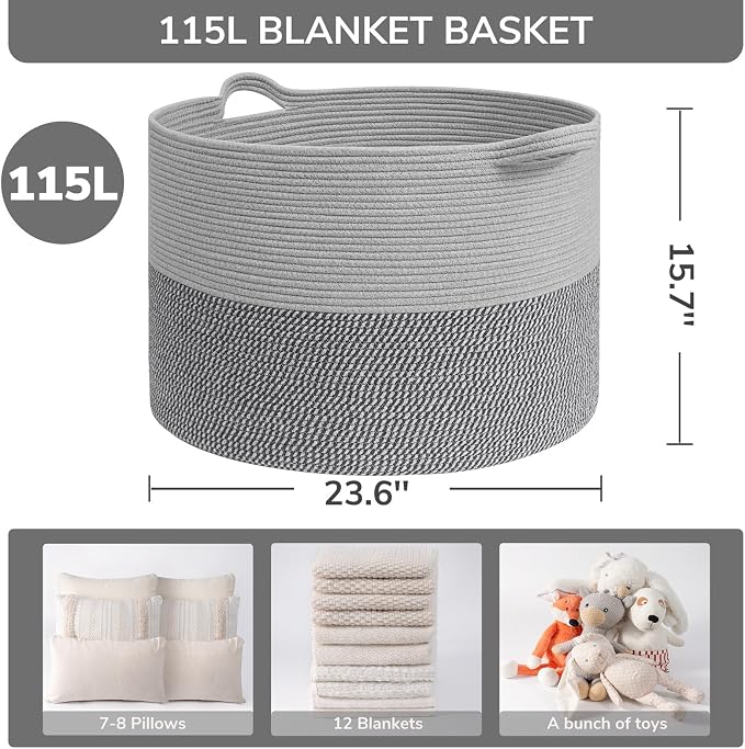 INDRESSME 115L Extra Large Woven Rope Blanket Basket Living Room, Grey | 23.6" x 15.7" Storage baskets for toys laundry & pillows. Fits living room, bedroom or nursery décor. Soft-touch with handles