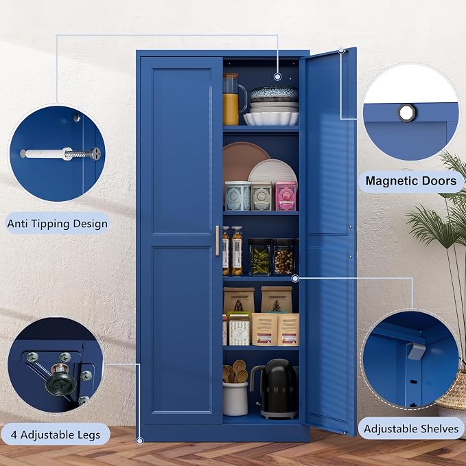 71" Tall Blue Metal Storage Cabinet with Doors, Heavy Duty | Freestanding Steel Kitchen Pantry Cabinet, 4 Adjustable Shelves (180 Lbs Load), Tall Cabinets for Home, Office and Garage