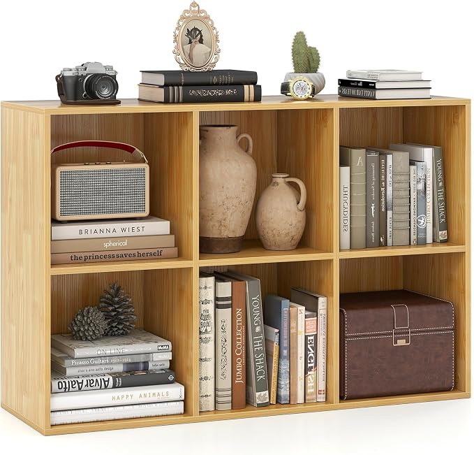 Giantex 6-Cube Bookcase, 3-Tier Cubby Bookshelf, Burlywood | Horizontal Vertical Display Rack with Anti-Tipping Kits, Modern Storage Organizer Shelf Unit for Living Room, Home Office
