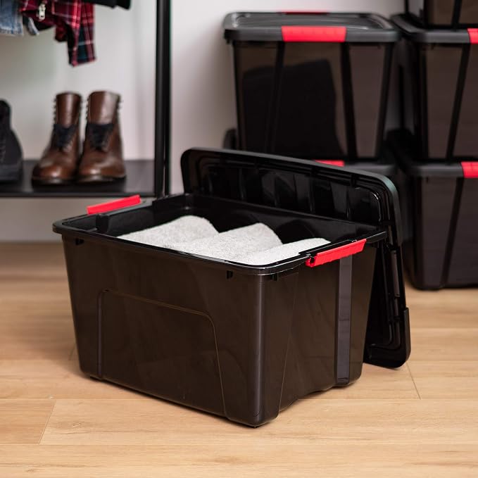 IRIS USA 4-Pack 40 Quart Storage Bins with Lids, Black | Black finish conceals stored items. Perfect for moving, blankets, clothing, and garage storage. Nestable design saves space