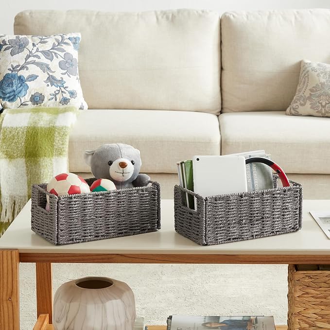 Vagusicc Wicker Storage Basket, Set of 2 Hand-Woven Paper Rope Wicker Basket, Small Storage Baskets for Organizing Toilet Paper, Foldable Large Cube Storage Organizer Bins for Shelves (Grey)
