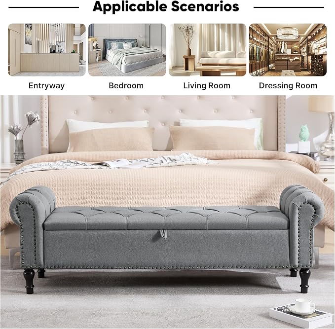 67 Inch Storage Bench for Bedroom, Linen End of Bed Bench, King Size Bench with Rolled Arms, Upholstered Tufted Button Storage Ottoman Benches, Living Room, Entryway, Oyster Grey