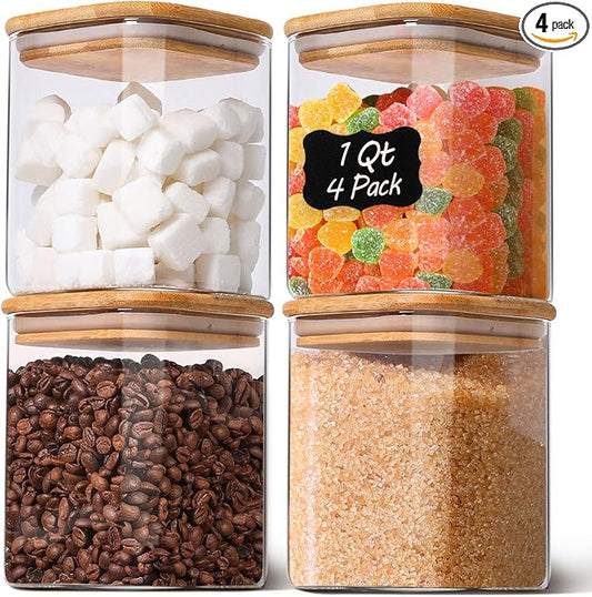 Glass Pantry Storage Containers with Bamboo Lids 1Qt 4 Pack Square | Pantry Organization, Coffee Beans Flour Sugar Pasta Cereal Dry Food Storage, Labels Included, Kitchen Organization