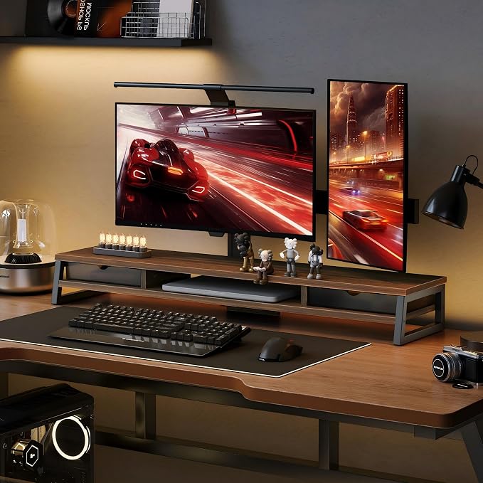 Fenge Dual Monitor Stand Riser, 42.5in Desk Shelf with 2 Drawers, Brown | 2-Tier Monitor Shelf for Desk, Storage Drawer with Stopper, Frosted, fit Home Office, Ultrawide Screen, PC, Laptop, TV