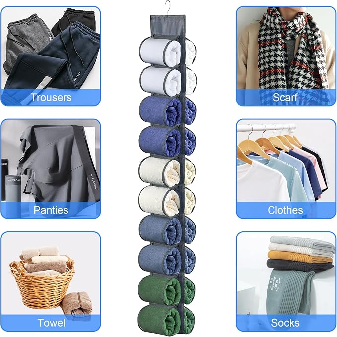 Hanging Storage Legging Organizer for Wardrobe 20 Pockets Grey | Hang on rod, behind door, Clear-view pockets keep leggings, jeans, scarves visible. Space-saving for bedroom, dorm, apartment