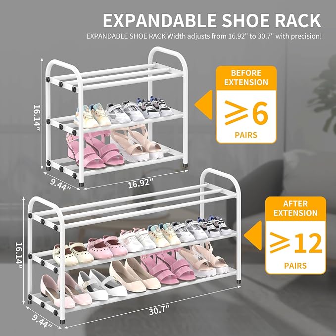 Hleelomi 3-Tier Metal Expandable Shoe Rack for Closet and Entryway, White | Adjustable Shoe Organizer for Closet,Living Room,Dorm,Garage,Fits Small Spaces, Apartments and Rentals
