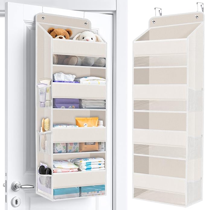 Over The Door Organizer Storage behind Door Hanging Organizer for Nursery | 4 Tier, 6 Side Pockets, Clear Window, Sturdy Construction, Space-Saving Storage for Closet, Bedroom, Bathroom & Nursery