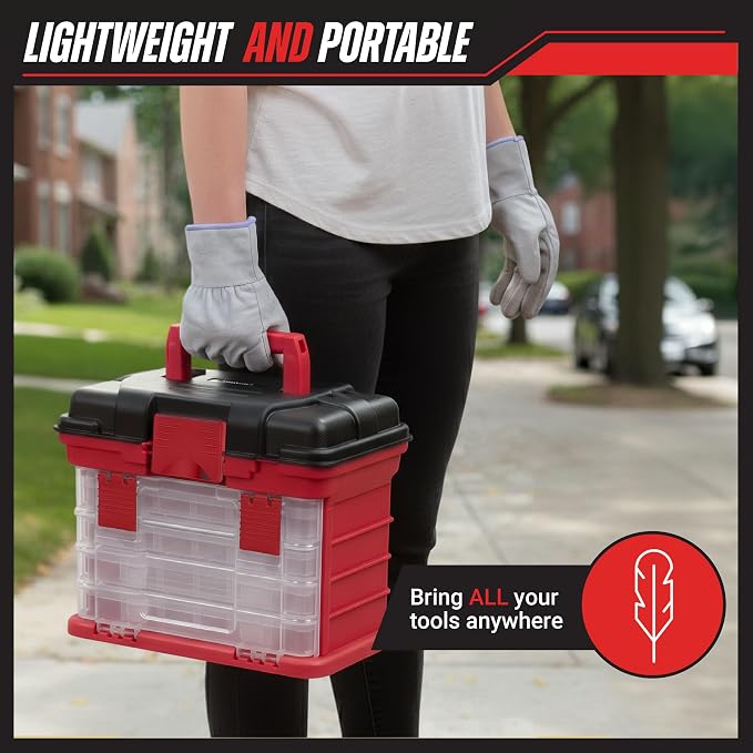 Stalwart Portable Tool Box Small Parts Organizer with Drawers, Red | Customizable Compartments for Hardware, Fishing Tackle Box, Beads, or Craft Supplies