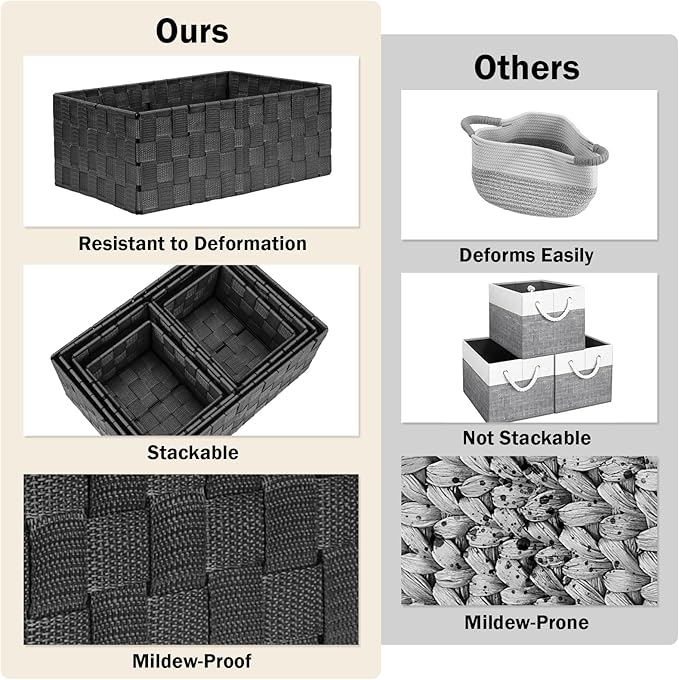 Storage Baskets with Lids: 6 Pack Stackable Woven Storage Bins, Black | Decorative Woven Baskets for Organizing with Built-In Handles for Shelves, Closets, Cabinets and Cubbies, Gift Small Basket