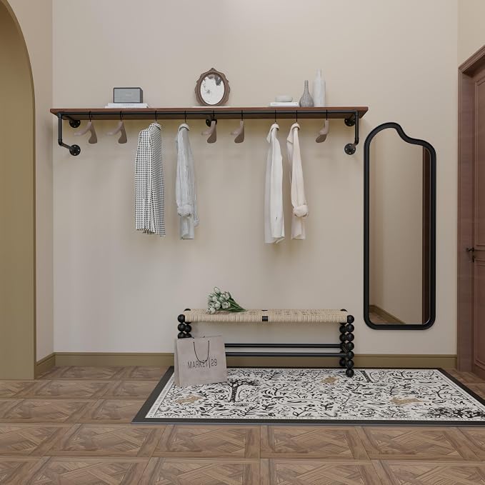 Clothes Rack 70in, Wall Mounted Garment Racks with Real Brown Wood Shelf, Heavy Duty Hanging Clothes Rack, Multi-Purpose Hanging Rod, Space-Saving Closet Storage