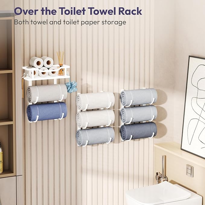 SWTYMIKI Over the Door Towel Rack - 9 Tier Towel Racks for Bathroom Wall Mounted, Towel Holder with Shelf, Hanging Rolled Towel Storage Organizer for Small Bathroom, Camper, RV, White