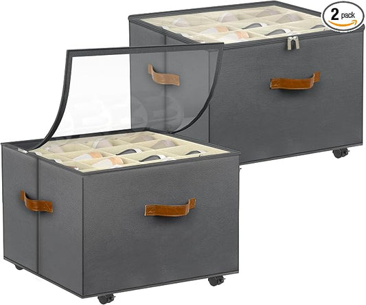 Foyego 2 Pack Shoe Organizer for Closet, Shoe Storage with Wheels, Gray | Fits 32 Pairs, with Adjustable Dividers and Clear Cover, Saving Space Foldable Fabric Closet Shoe Storage Organizer Box Bins