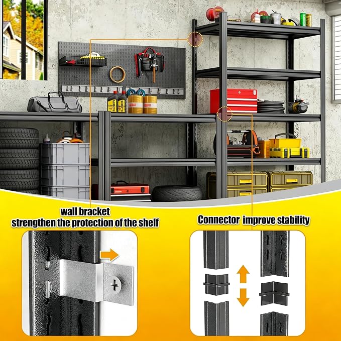 Garage Shelving, 3300 LBS Storage Shelves with Side Guard | 5-Tier Garage Storage Shelves,Adjustable Industrial Shelves with Thickened Double-Layer Posts for Garage 44×24×14in