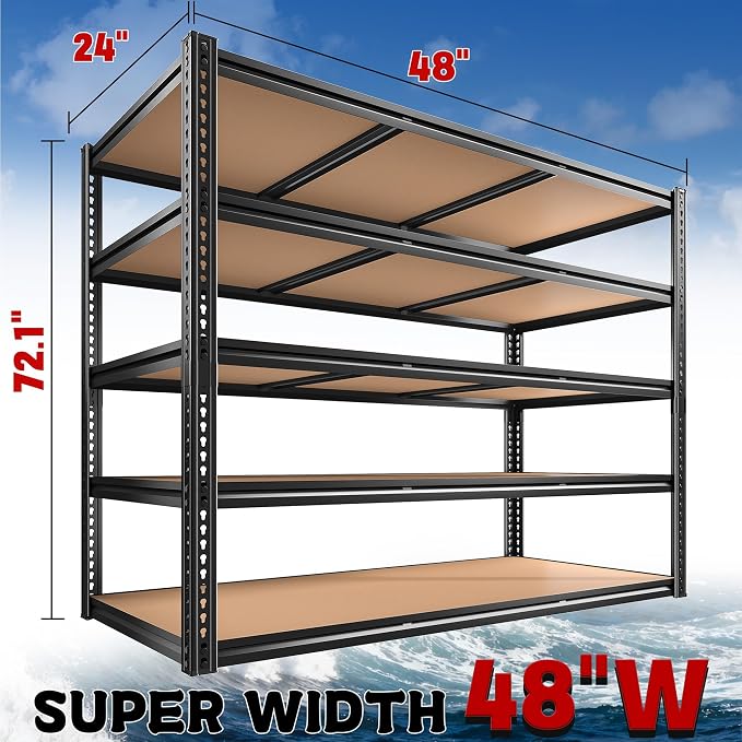 48" W Garage Shelving, Garage Storage Shelves Heavy Duty 3060LBS, Adjustable Metal Shelving Unit 5 TierIndustrial Shelving for Warehouse, Pantry, Closet, Kitchen, 72" H x 48" W x 24" D, Black, 3PCS