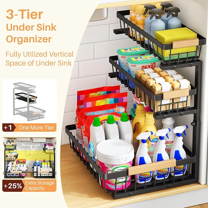 PXRACK Under Sink Organizer, 1-Pack 3-Tier Height Adjustable Thickened Metal Pull out Cabinet Organizer Shelf, Slide out Storage Drawer Rack for Bathroom Kitchen Pantry Home Organization, Black