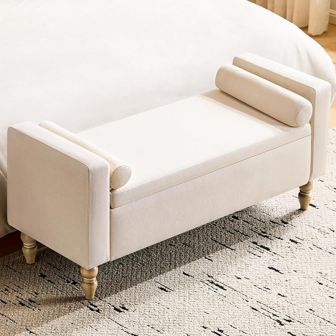 Large Storage Ottoman Bench, 45.7" Linen Upholstered Entryway Bench with Solid Wood Legs, End of Bed Bench, Shoe Bench, Ottoman Storage Chest for Bedroom/Living Room/Entryway,Beige