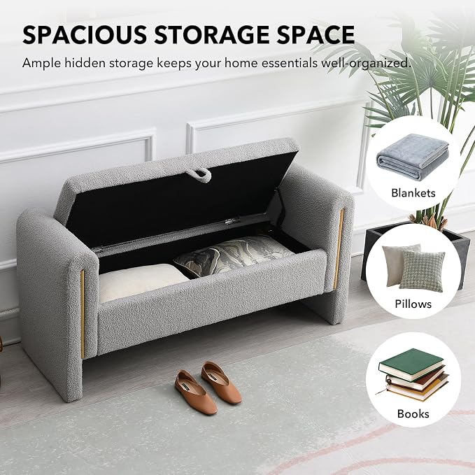 52" Flip-Top Storage Ottoman Bench, Teddy Entryway Bench (Grey) | Teddy Fleece Upholstered End of Bed Bench with Armrests, Soft Padded Window Bench for Living Room Bedroom Entryway