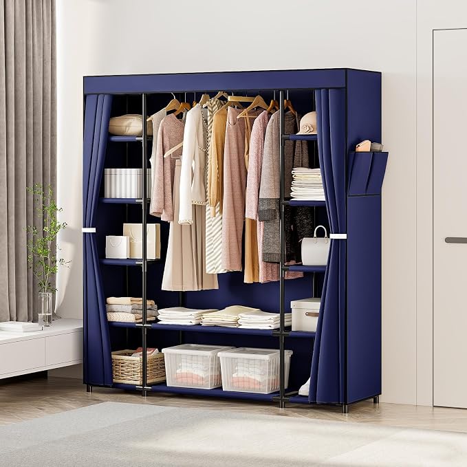 SORCEDAS Portable Closet Wardrobe Organizer Storage with Cover Non-Woben Fabric Portable Wardrobe Closet for Hanging Clothes Racks Shelving 33 Inch for Bedroom, Blue (Blue, 59Inch)