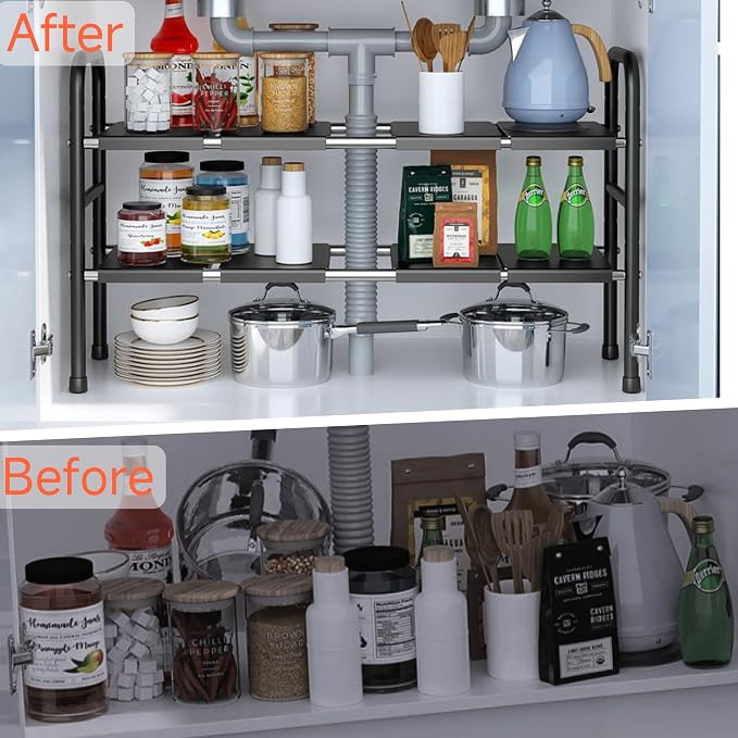 Expandable Under Sink Organizer with 10 Removable Panels, Adjustable Storage 2-Tier Shelf for Kitchen, Bathroom, Pantry,Multi-Purpose Expandable Cabinet Shelf Rack (19-35.5 Inch) (brown, Large)