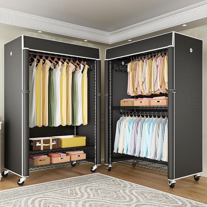 Black Clothing Rack with Black Cover, P1C Plus Rolling Closet | Metal Garment Rack with Wheels for Hanging Clothes, Portable Clothing Storage Wardrobe
