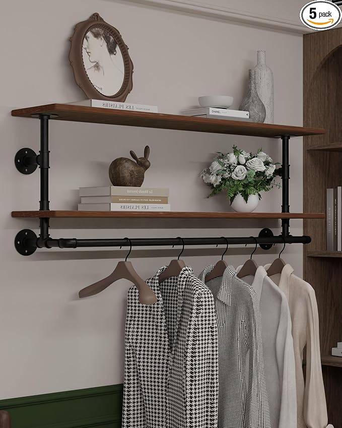 Clothes Rack 36/42/48in, Wall Mounted Garment Rack with Real Wood Shelf, Heavy Duty Hanging Clothes Rack, Multi-Purpose Hanging Rod, Space-Saving Closet Storage (1T36IN) (2T48IN)