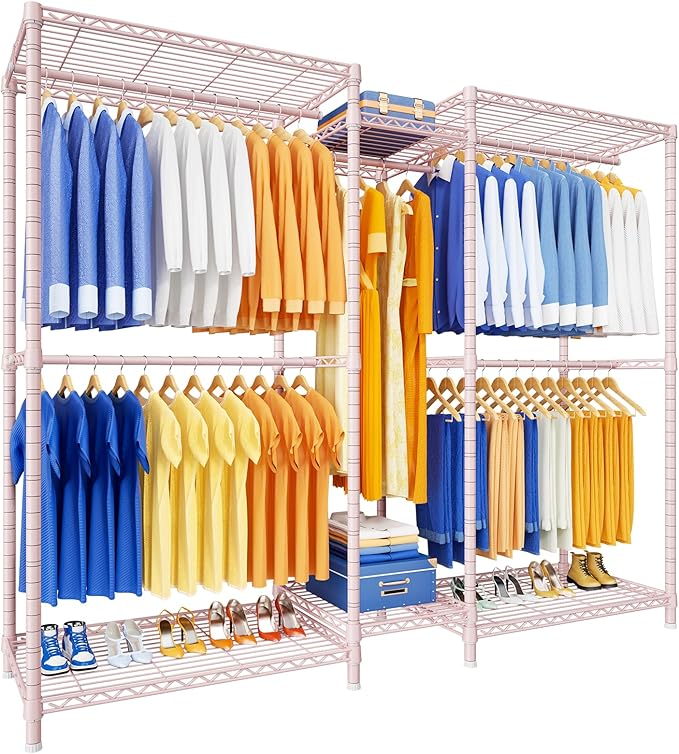 E12 Pro Clothes Rack，Heavy Duty Freestanding Garment Rack with Shelves，Metal Clothing Closet Storage System for Hanging Clothes，71" W x 16" D x 76.5" H, Hold 960 lbs，Pink
