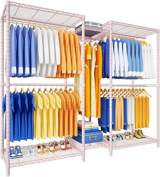 E12 Pro Clothes Rack，Heavy Duty Freestanding Garment Rack with Shelves，Metal Clothing Closet Storage System for Hanging Clothes，71" W x 16" D x 76.5" H, Hold 960 lbs，Pink