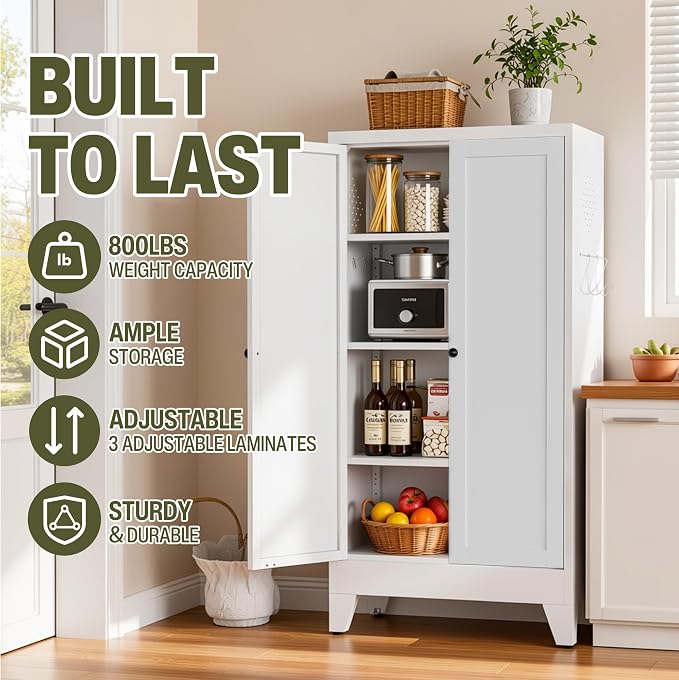 AQY Metal Pantry Cabinet, White Kitchen Storage Cabinet with Doors | Adjustable Shelves Freestanding Storage Metal Cabinet Kitchen, Dining & Bathroom Organization