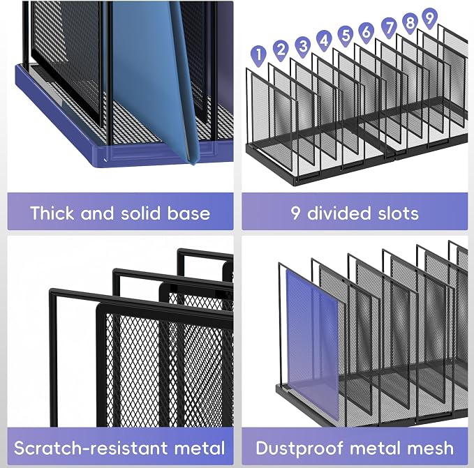 9-Section Desk File Organizer, Vertical File Holder, Mesh Desktop File Folder Metal File Organizer Stand for Office Home Classroom, Black, 2 Pack