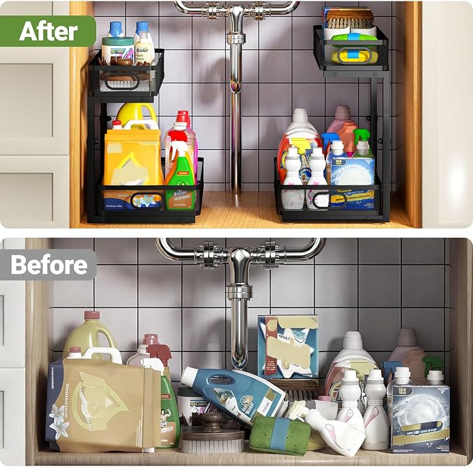 Under Sink Organizer 2-Pack, Metal 2-Tier Pull-Out Cabinet Shelf with Slide-Out Mesh Drawers, Height Adjustable, Space-Saving Under Sink Storage Racks for Kitchen, Bathroom, Laundry Room